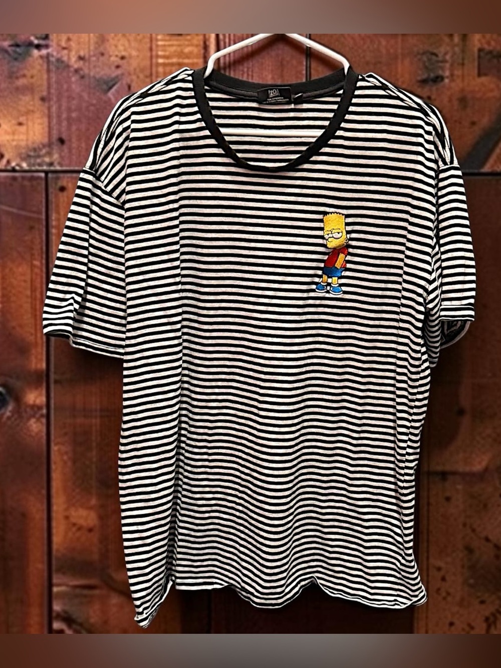 Vintage unisex Bart Simpson Striped Short Sleeve Tee with Cartoon Patch 2X